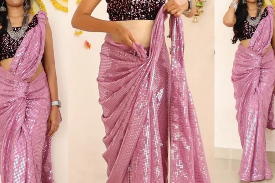 A professional beautician at Shrees Beauty Parlour in Kathreguppe, Banashankari 3rd Stage, Bengaluru, elegantly draping a saree on a client."